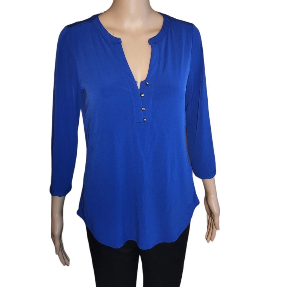 Dana Buchman Shirt Buttons Three Quarter Sleeve Royal Blue Womens Size Small